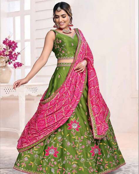 Buy Green and Hot Pink Lehenga Choli Online : Malaysia -