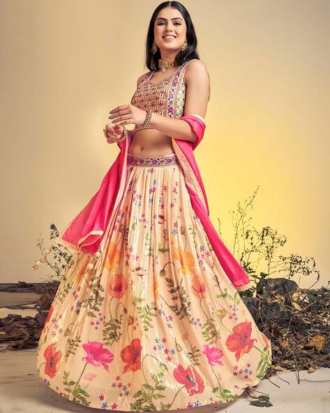 Peach #Floral Printed Satin #Silk #Lehenga #Choli | Lehenga designs,  Designer lehenga choli, Silk lehenga
