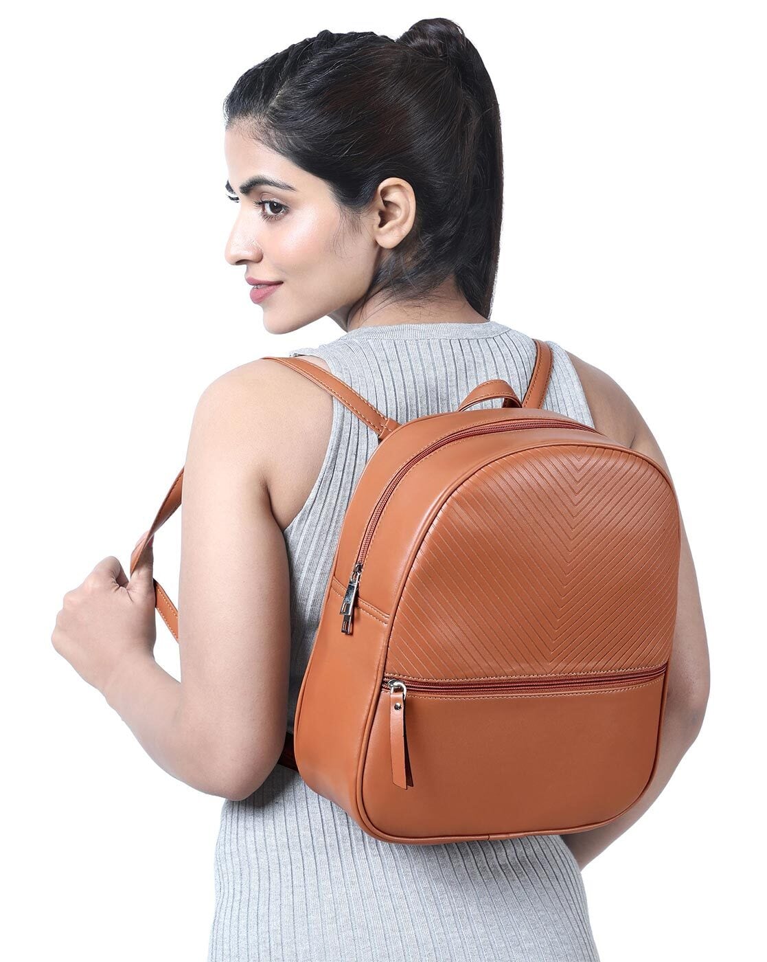 Leather backpack purse, women shoulder bag in orange - Backpacks