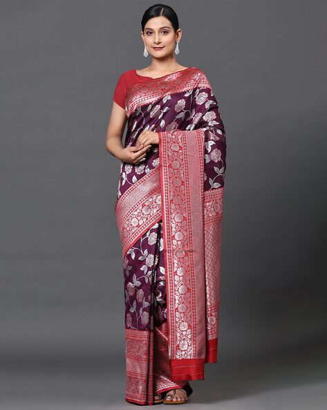 Buy Banarasi Silk Works Womens Grey Pure Khaddi Saree with Unstitched Blouse  online