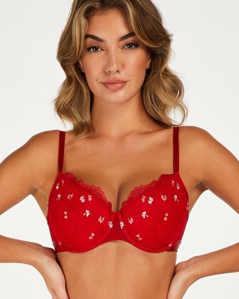 Buy Hunkemoller Lace Under-Wired Heavy-Padded Push-Up Bra, Red Color Women
