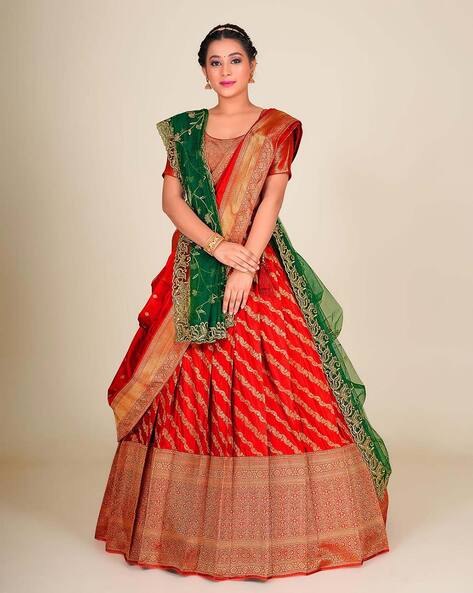 Green-Rani Color Jacquard Woven Ogee Pattern Banarasi Half Saree Style  Traditional Lehenga Choli with Dupatta | Exotic India Art