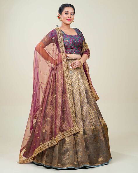 Beige Velvet Designer Lehenga Set