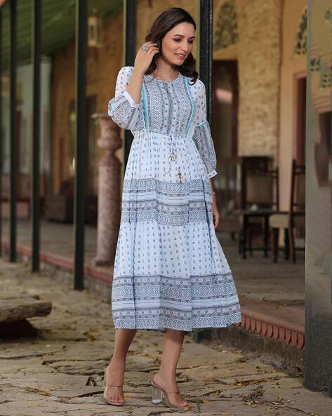 Blue Printed Smocked Tube Dress