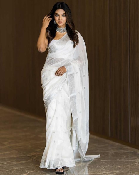 White Embroidered Saree Set Design by Seema Gujral at Pernia's Pop Up Shop  2024