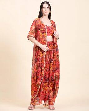 miracolos by ruchi Floral Print Blouse with Draped Skirt & Cape-picture-35