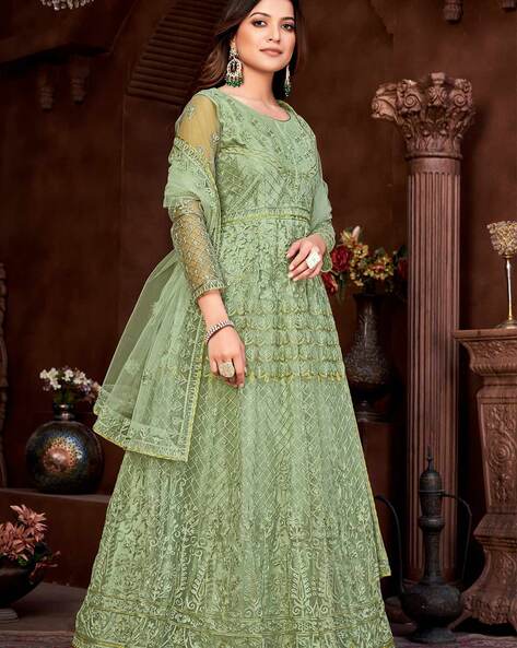 Shop Now Khushboo Rama Green Anarkali Dress - ADIRICHA