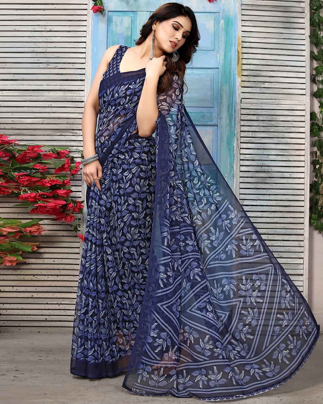 Attractive Light Blue Color Georgette Ruffle With Digital Printed Saree