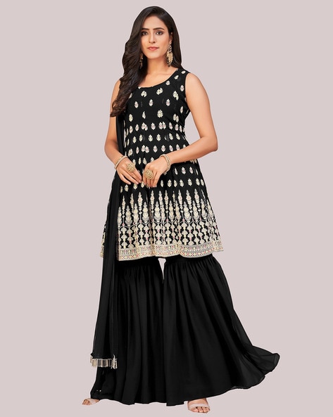 Buy Stone Embroidered Silk Black Sharara Suit Online - 1984 | Andaaz Fashion