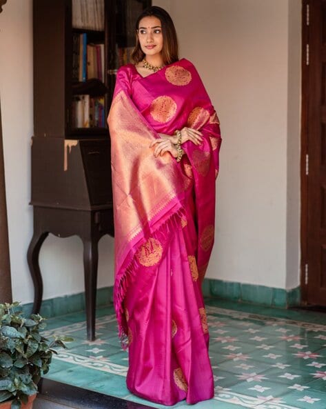 Efflorescence Dark Pink Soft Banarasi Silk Saree With Ideal Blouse Pie –  jineliyafashion