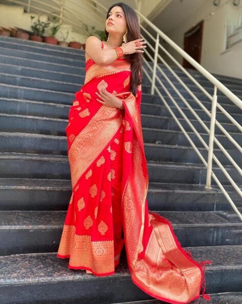 Vishal Prints Cherry Red Chiffon Saree With Embroidery And Stone Work