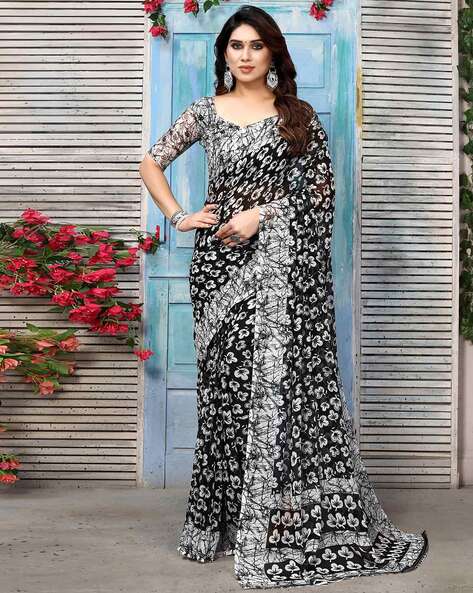 Off White Floral Printed Chiffon Saree