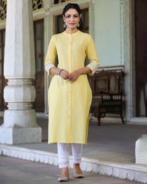 Cotton Yellow Embroidery & Mirror Detailing Gown | Gowns in USA – Ria  Fashions