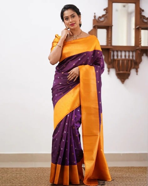 Bright Yellow and Purple combination Mysore Crepe Silk Saree for Women –  www.soosi.co.in