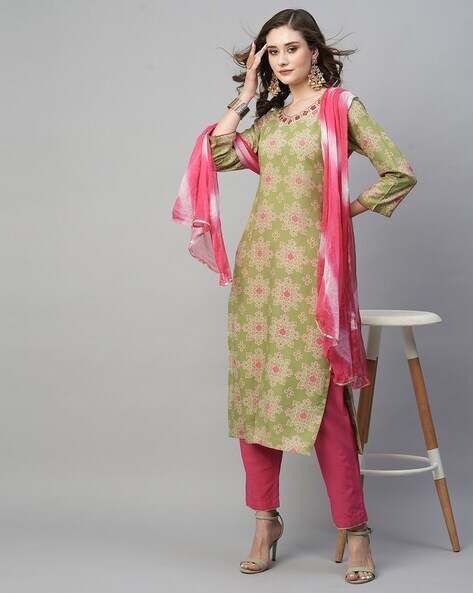 Bandhani Print Straight Kurta with Pants & Dupatta 