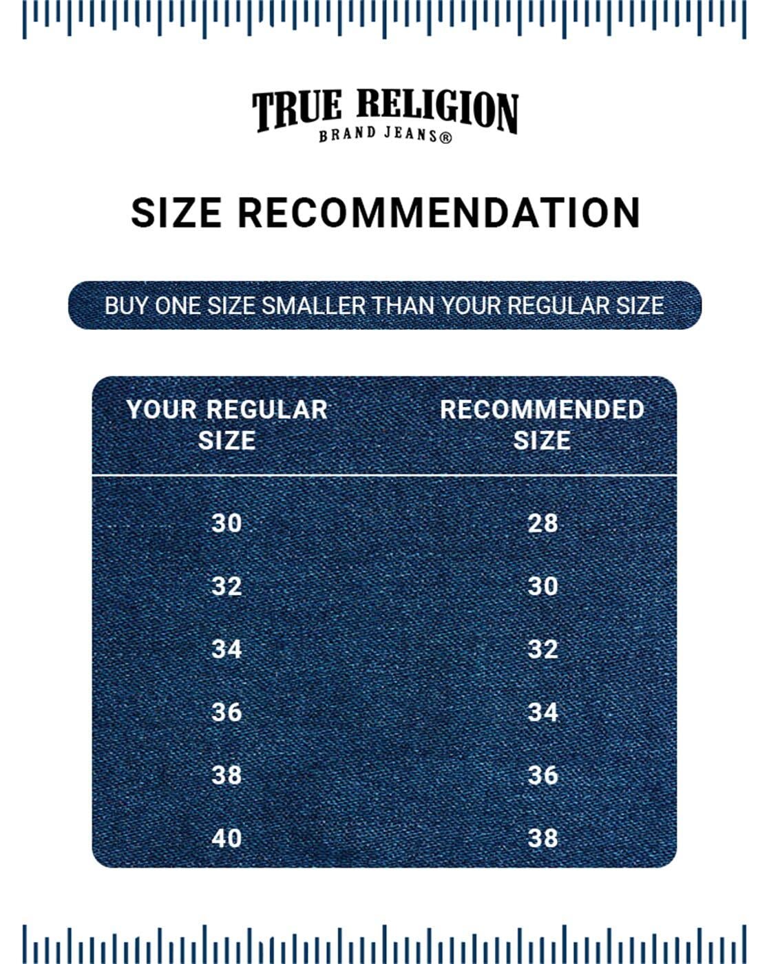 True religion womens size clearance chart