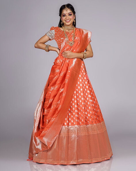 Spread Peacock Banarasi Silk Semi Stitched Orange Lehenga Choli at Rs 999 |  बनारसी लेहंगा in Thane | ID: 2852354731733