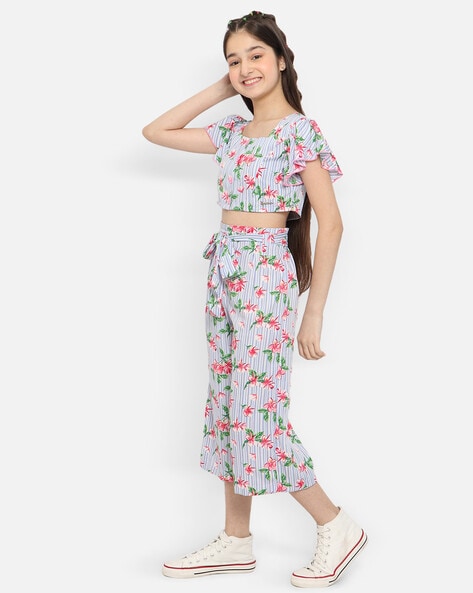 Fluid Cropped Trousers with Floral Print, for Girls - green dark all over  printed, Girls