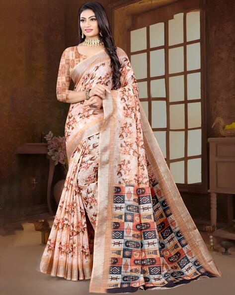 5 Yards - Floral Printed Linen Saree with SIlver zari Contrast printed  blouse Price: 3800/- | Facebook