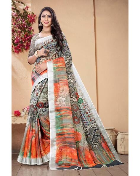 Light blue printed linen saree with blouse - Shangrila Designer - 3339176