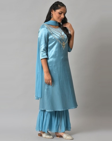 Buy Women Ivory Sharara Set With Mirror Zari Embroidered Kurta And Dupatta  - Feed Luxe Sharara - Indya