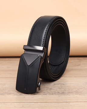 Men Leather Belt with Plaque Buckle Closure