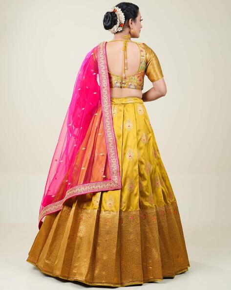 Woven Georgette Lehenga in Mustard and Pink : LCZ123