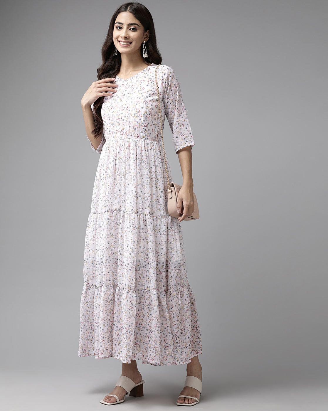 Buy Women Ivory Foil Print Tiered Anarkali Kurta - Best Picks 2023 - Indya