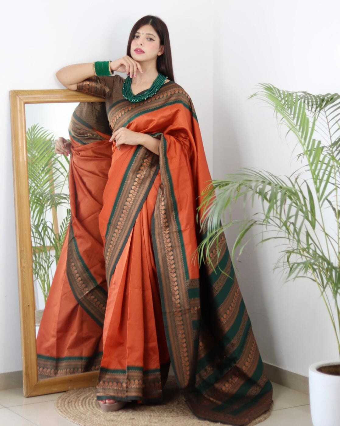 Orange With Green Border Silk Traditional Saree – paanericlothing