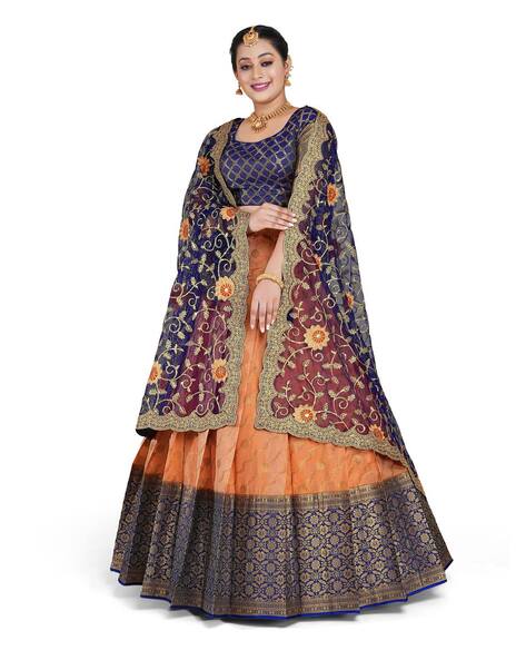 Navy Blue Banarasi Silk Lehenga Choli In Woven Work 2372LG04