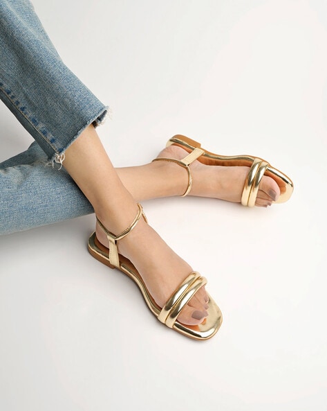 Gold flat outlet ankle strap sandals