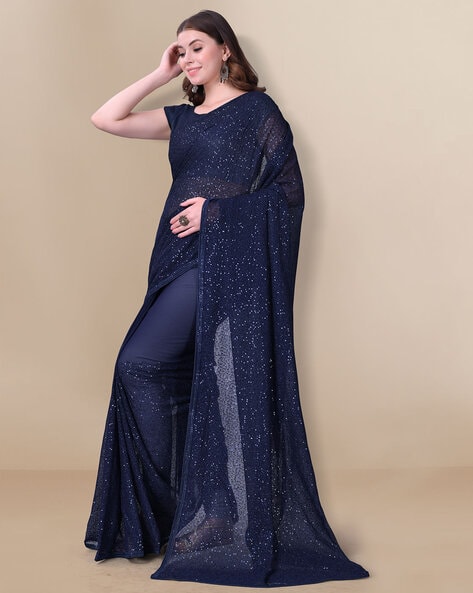 Buy Navy Blue Sequins Georgette Designer Saree - Koskii