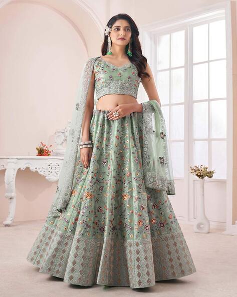 Sea Green Threadwork Jacket – Lehenga Set – Label Anushree