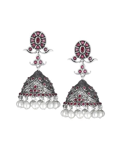 Fida Oxidised Silver Mirror Studded Floral Jhumka Earring For Women