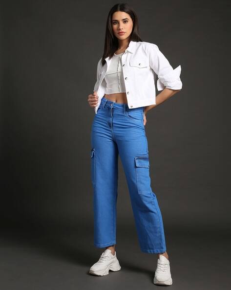 FREEHAND Mid-Wash Straight Fit Cargo High-Rise Jeans
