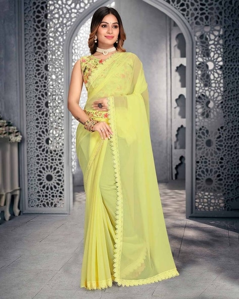 Yellow Silk Saree Plain Contrast Blouse | engagement saree ideas