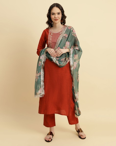 Embroidered Straight Kurta with Pants & Dupatta Price in India