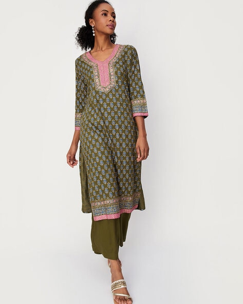 Shop Embroidered Handloom Cotton Kurta Pants Set 3667 Online - Women Plus