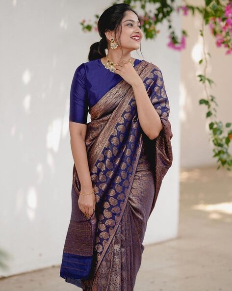 Navy Blue Silk Patola Saree with Ruby Pink Patola Printed Blouse |SARV155104