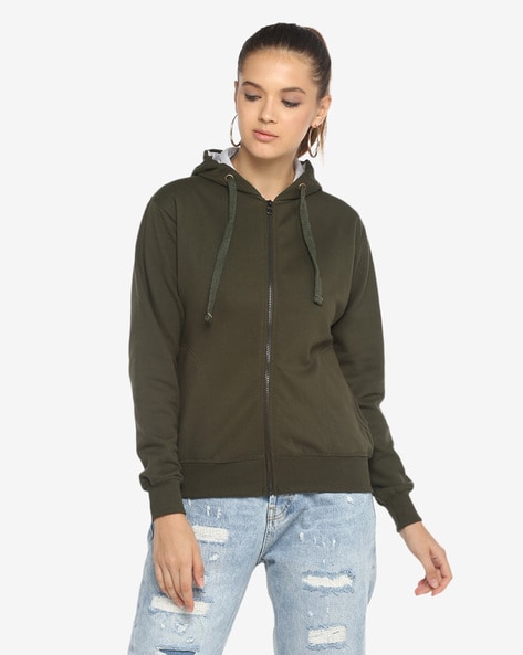 Olive green zip store up hoodie womens