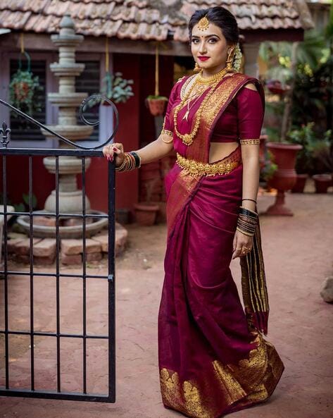 Maroon Shade Handwoven Maheshwari Saree | Bride photos poses, Saree  photoshoot, Tamil saree