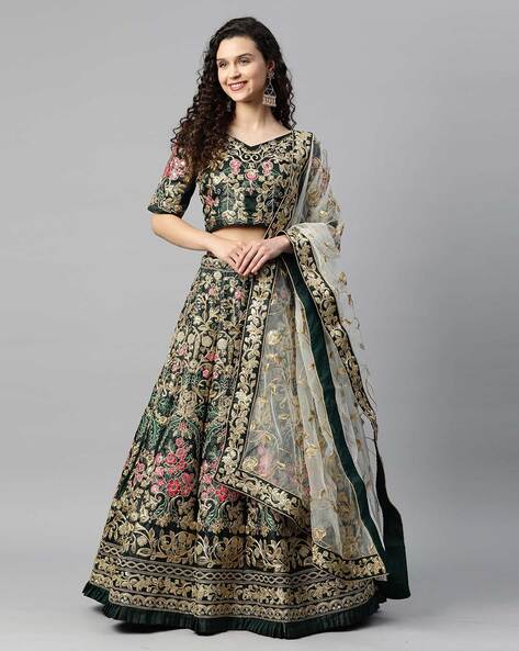 Black Silk Un-Stitched Embroidered Zari Lehenga Set | AAKRUT-4001 |  Cilory.com