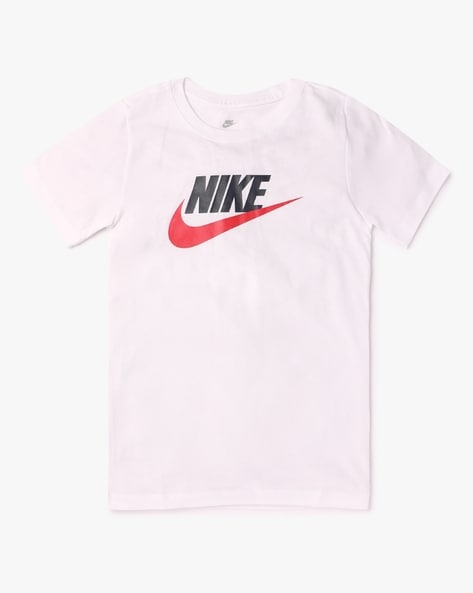 White nike shirt hot sale with red swoosh