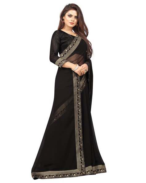 Buy Black Plain Georgette Saree Floral Design Border Online | trendwati