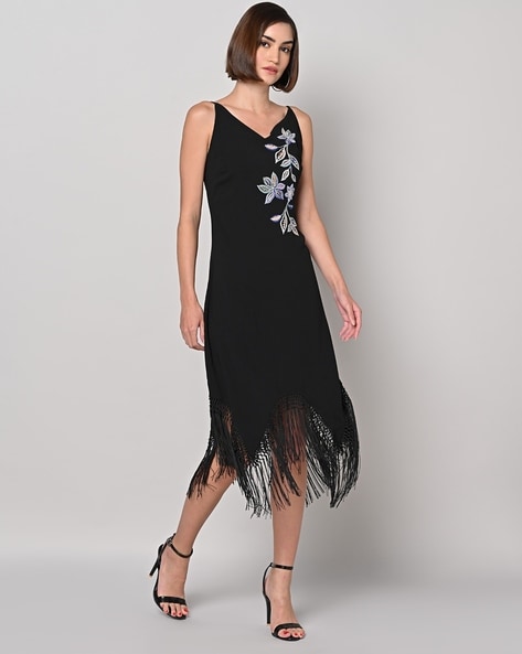 Fringed Hem Embroidered A Line Dress