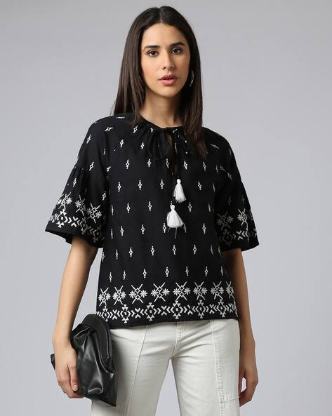 Outryt by AZORTE Women Embroidered Top with Tasseled Neckline