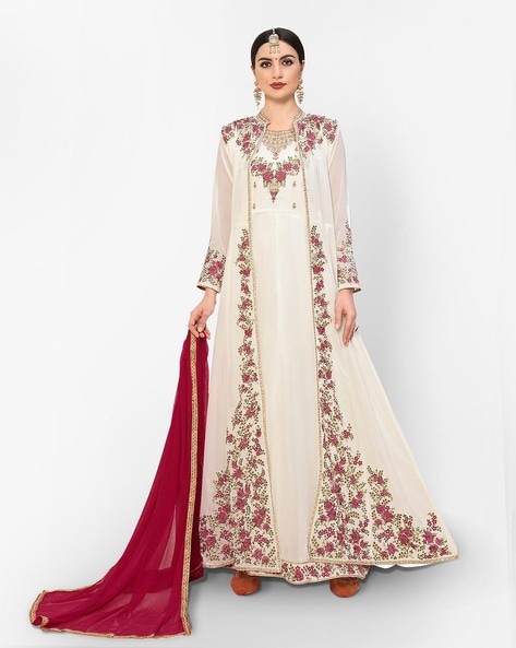 Buy Calmna White Anarkali Suit with Embroidered Dupatta (Set of 3) online