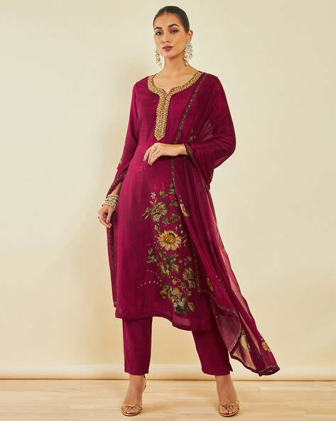 Pink Viscose Blend Printed Suit Set with Embroidered Panel at Soch