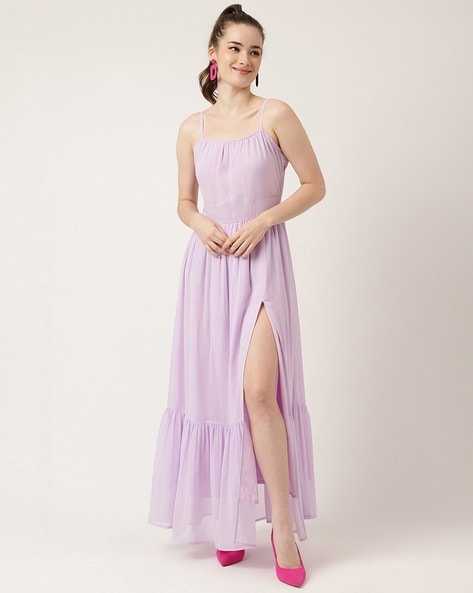 Women Lavender Square Neck Frill Hem Maxi Dress