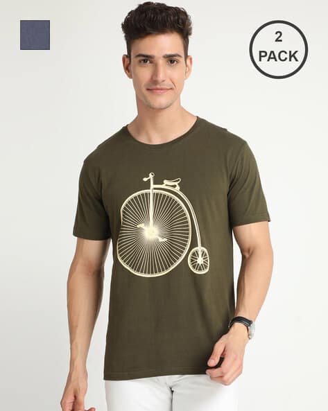 CAVALLA Regular Fit Pack of 2 Graphic Print Crew-Neck T-Shirt